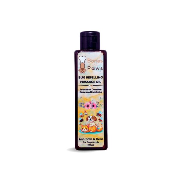 Bones ‘N’ Paws Bug-Repelling Massage Oil for Dogs & Cats | Anti-Tick & Flea Pre-Bath Spa Oil | With Geranium, Cedarwood, Eucalyptus, Lemongrass & Cold-Pressed Coconut Oil | 200ml