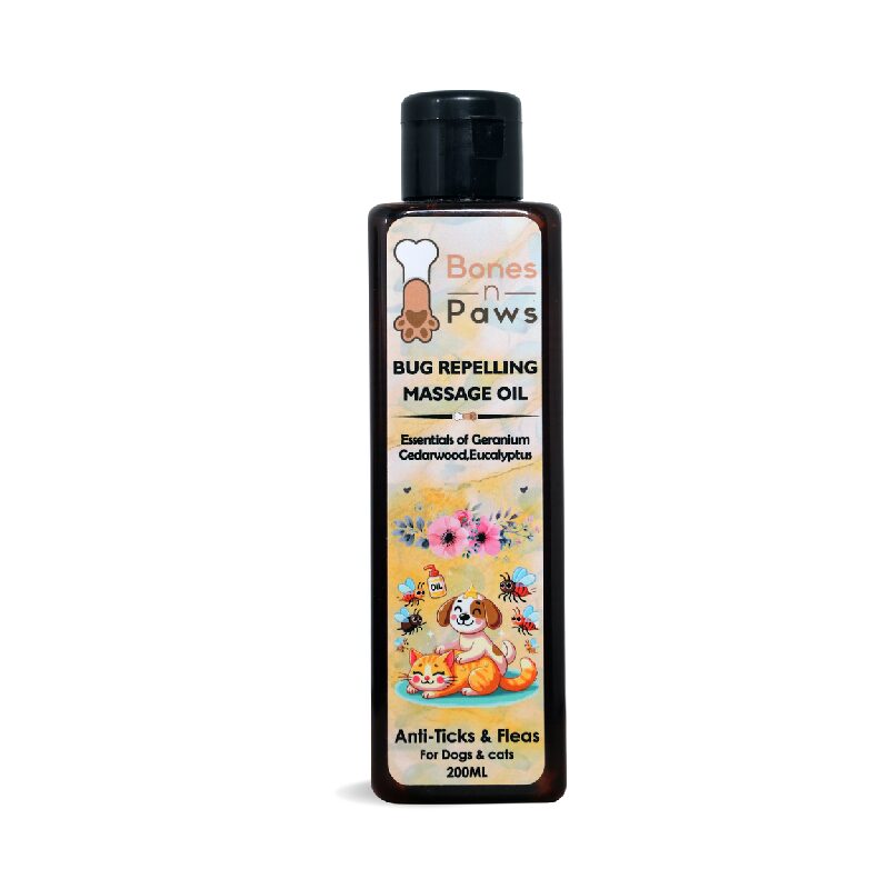 Bones n Paws Bug Repelling Massage Oil for Dogs – 200ml | Natural Flea & Tick Protection with Eucalyptus, Coconut & Lemongrass | Skin Soothing & Deep Moisturizing Formula | Safe for Adults & Puppies